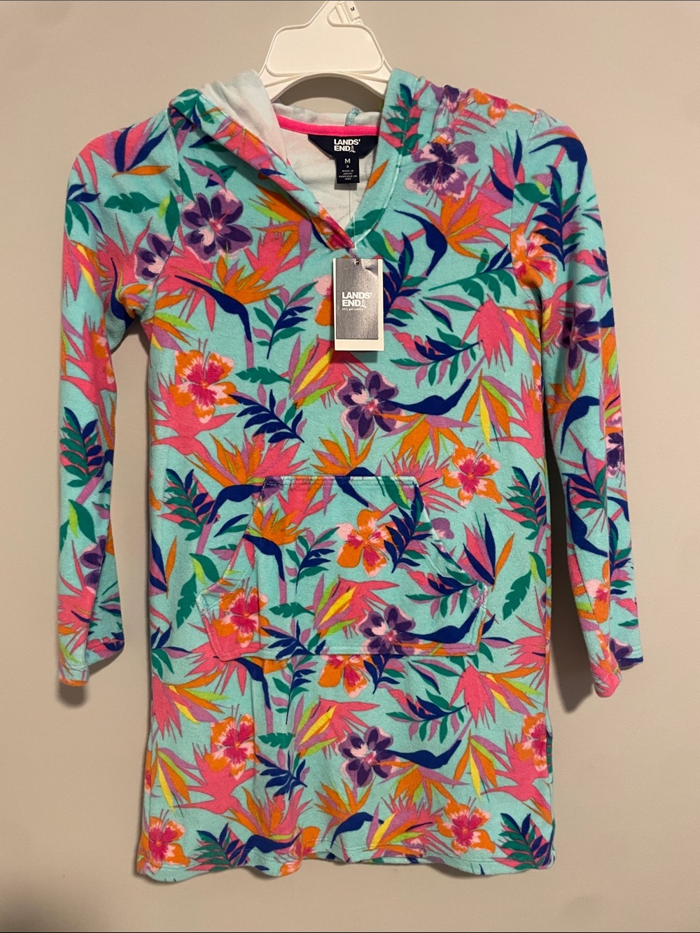 Lands' End Aqua Floral Hooded Tunic with Pink, Orange & Purple Accents